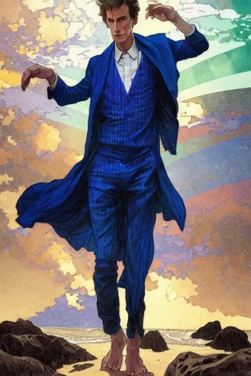 Image similar to doctor who, william hartnel on a beach, wearing a blue shirt with horizontal rainbow stripe, the ocean in the background, swirling colourful stars in the background, art by artgerm and greg rutkowski and alphonse mucha