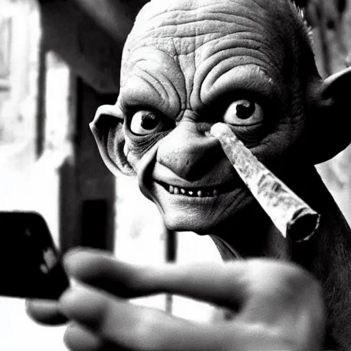 Image similar to gollum with cigarette selfie