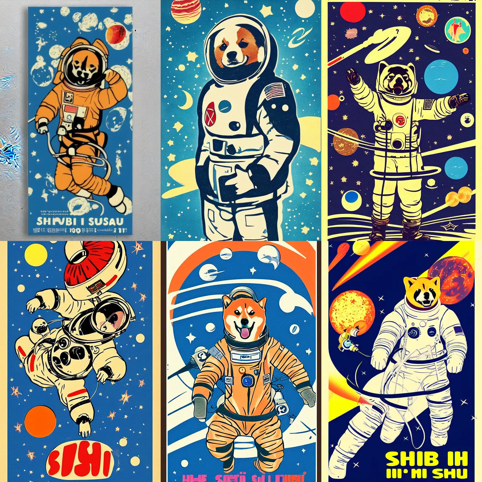 Prompt: Shiba Inu cosmonaut, space walk, 60s poster, in the style of a music poster 1969