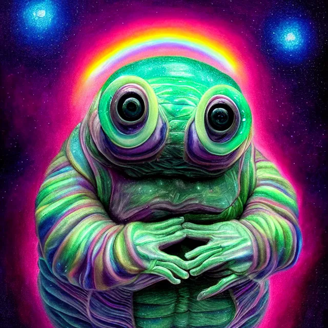 Image similar to a highly detailed tardigrade, it has rainbow hair and a beautiful unconventional face, floating through deep space, elegant, hyperrealistic, digital painting, artstation, realism, concept art, pop, smooth, mythological, sharp focus, qualia, illustration, art by mark ryden 3 d 8 k ultra detailed