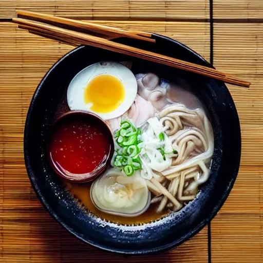 Image similar to A top view of a tonkotsu ramen next to a window on a rainy day