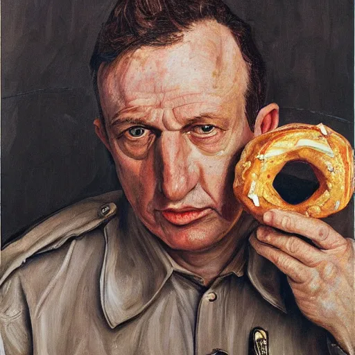 Image similar to high quality high detail painting by lucian freud, hd, portrait of a cop eating a donut, photorealistic lighting