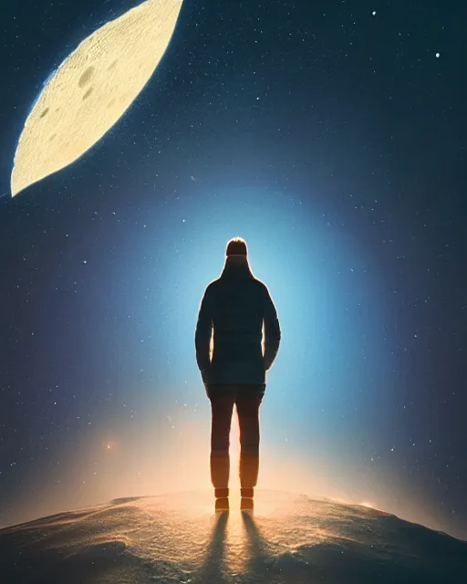 Image similar to a common person standing in front of a glowing open door that's on the moon, poster art by mike winkelmann, trending on cg society, space art, sci - fi, ue 5, futuristic, volumetric lighting