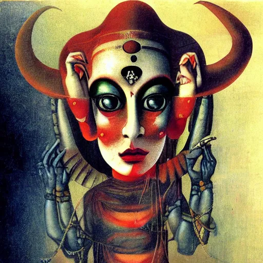 Image similar to close-up face of female Hindu demon goddess| photo collage| by Hannah Hoch and Odd Nerdrum| very detailed and colorful |beautiful eerie surreal psychedelic