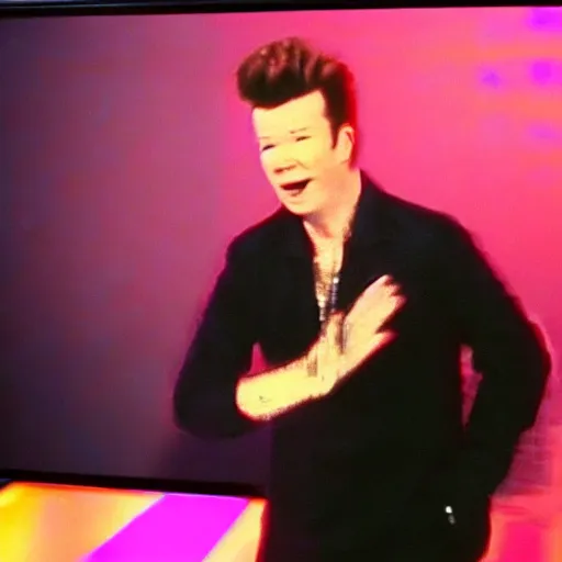 Prompt: rick astley's dance is shown on the tv screens, screens everywhere