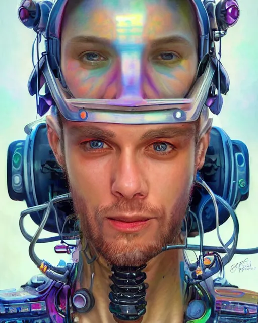 Prompt: a futuristic male hippie wearing tie - dye and cybernetic - implants | cyberpunk art | highly detailed | very intricate | symmetrical | cinematic lighting | award - winning | closeup portrait | painted by donato giancola and mandy jurgens and rossdraws and rhads | featured on artstation