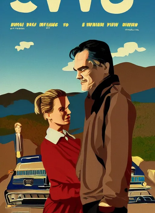 Prompt: Twin Peaks art, of Michael Shannon dressed as mechanic talking to Jennifer Connelly wearing light blue diner waitress dress, poster artwork by Bob Larkin, from scene from Twin Peaks, simple illustration, domestic, nostalgic, from scene from Twin Peaks, clean, New Yorker magazine cover