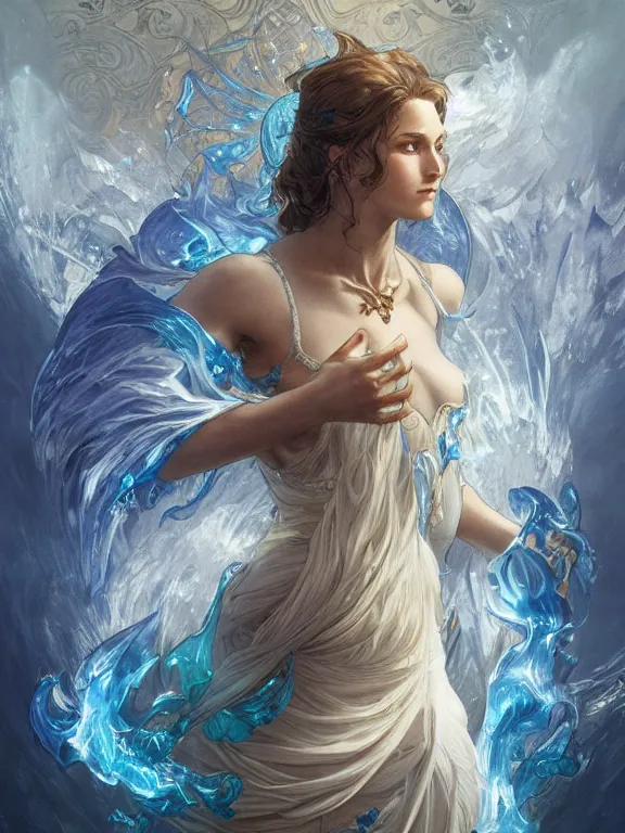 Prompt: summoner with a water elemental, fantasy, man, intricate, elegant, highly detailed, digital painting, artstation, concept art, wallpaper, smooth, sharp focus, illustration, art by artgerm and greg rutkowski and alphonse mucha