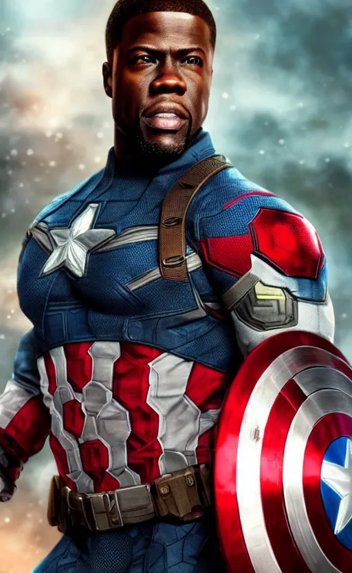 Image similar to kevin hart as captain america, dynamic lighting, photorealistic fantasy concept art, trending on art station, stunning visuals, creative, cinematic, ultra detailed