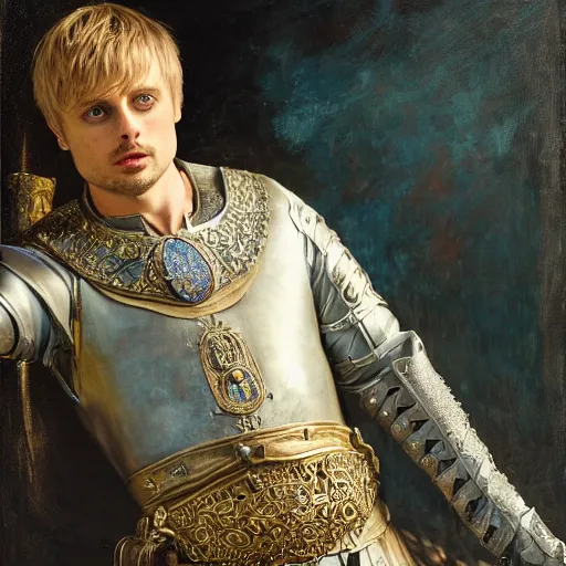 Prompt: attactive bradley james as attractive king arthur pendragon, natural lighting, high quality, very detailed painting, by gaston bussiere, alberto seveso, j. c. leyendecker