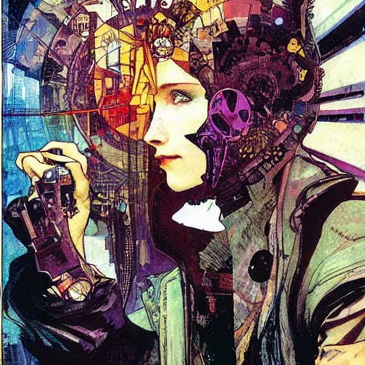 Prompt: cyberpunk dreaming by dave mckean and alphonse mucha and bill sienkiewicz