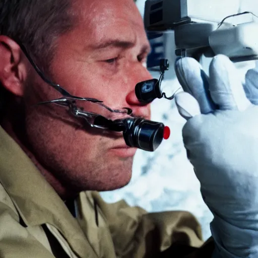 Image similar to filmic extreme close up shot movie still 4 k uhd interior 3 5 mm film color photograph of a scientist attacking a camouflaged solder in a lab in antarctica by grabbing him with his claw