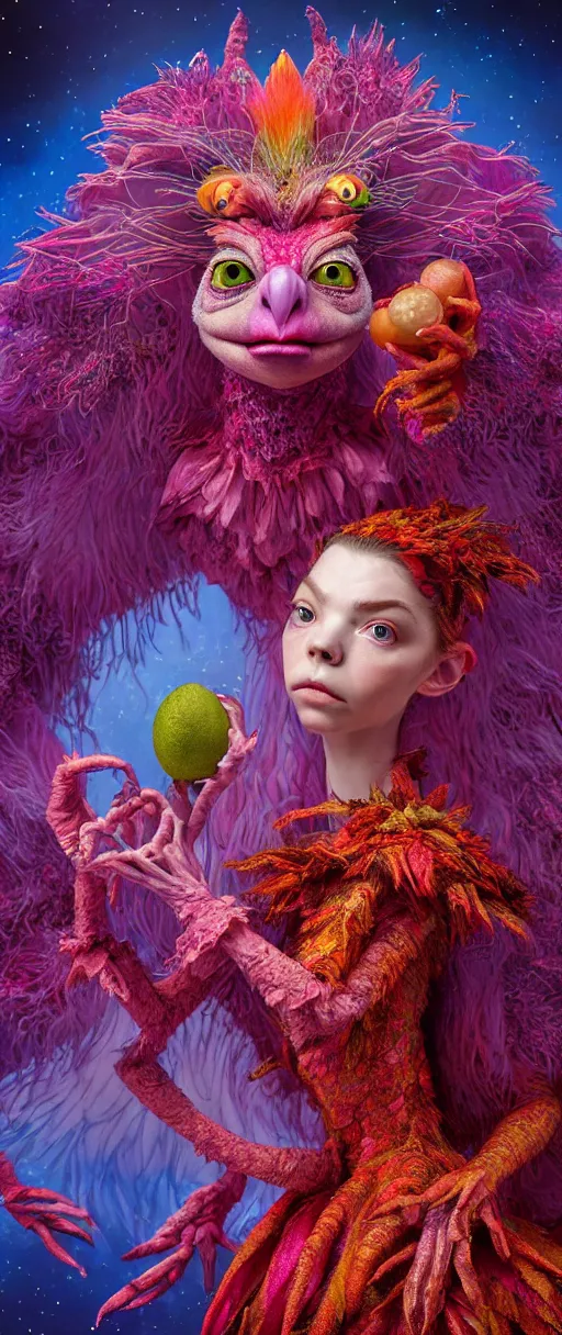 Prompt: hyper detailed 3d render like a Oil painting - kawaii portrait of quirky Aurora (a beautiful skeksis muppet fae queen from dark crystal that looks like Anya Taylor-Joy) seen red carpet photoshoot in UVIVF posing in scaly dress to Eat of the Strangling network of yellowcake aerochrome and milky Fruit and His delicate Hands hold of gossamer polyp blossoms bring iridescent fungal flowers whose spores black the foolish stars by Jacek Yerka, Ilya Kuvshinov, Mariusz Lewandowski, Houdini algorithmic generative render, Abstract brush strokes, Masterpiece, Edward Hopper and James Gilleard, Zdzislaw Beksinski, Mark Ryden, Wolfgang Lettl, hints of Yayoi Kasuma and Dr. Seuss, octane render, 8k