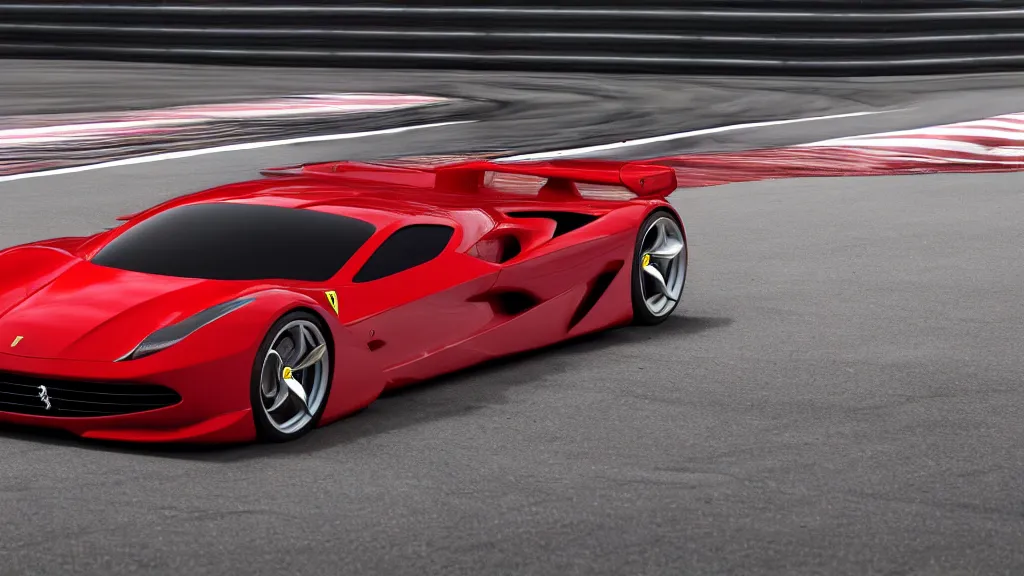 Image similar to photo of a ferrari concept car on racetrack, cinematic, fine details, symmetrical, 4 k