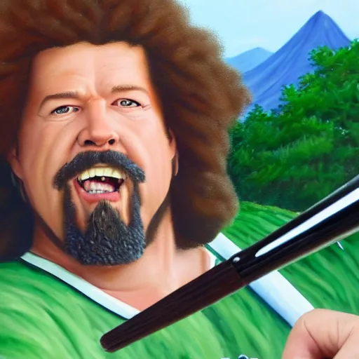 Image similar to a closeup photorealistic photograph of bob ross painting an image of kenny powers pitching a baseball on a canvas. mountains and trees. film still. brightly lit scene. this 4 k hd image is trending on artstation, featured on behance, well - rendered, extra crisp, features intricate detail, epic composition and the style of unreal engine.