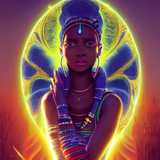 Image similar to highly detailed portrait of an african neon egyptian goddess, intricate alien technology, stephen bliss, unreal engine, fantasy art by greg rutkowski, loish, rhads, ferdinand knab, makoto shinkai and lois van baarle, ilya kuvshinov, rossdraws, tom bagshaw, global illumination, radiant light, detailed and intricate environment