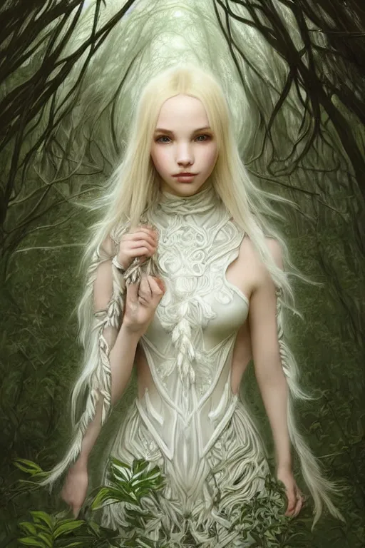 Prompt: gothic white mage blonde - braided hair dove cameron wearing ethereal ivory carved bone armor in the forest, green plants, intricate, elegant, highly detailed, digital painting, artstaion, concept art, smooth, sharp, focus, illustration, art by artgerm and greg rutkowski and alphonse mucha