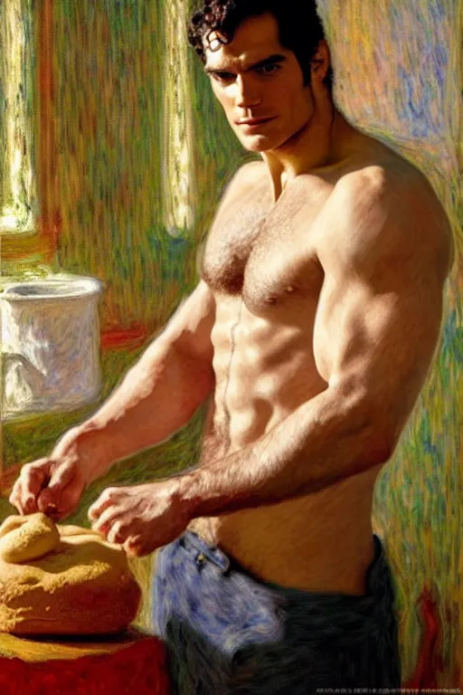 Prompt: henry cavill as a baker, kneading dough, painting by tom of finland, gaston bussiere, craig mullins, j. c. leyendecker, claude monet