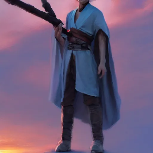 Image similar to a young male jedi with short dark blonde hair standing still looking at the sunset concept art by Doug Chiang cinematic, realistic painting, high definition, concept art, portait image, path tracing, serene landscape, high quality, highly detailed, 8K, soft colors, warm colors, turbulent sea, high coherence, anatomically correct, hyperrealistic, concept art, defined face, five fingers, symmetrical