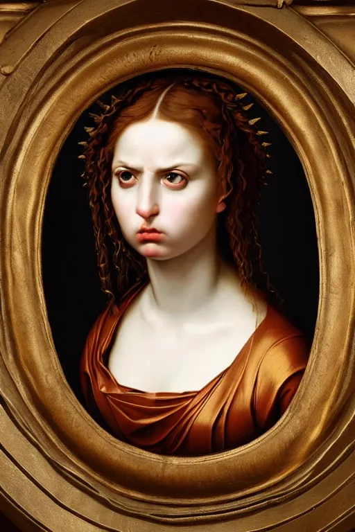 Image similar to renaissance painting of woman, angry face, emotions closeup, angry lips, angry eyes, dressed in roman clothes, ultra detailed, made in bronze, art by Guido Reni style