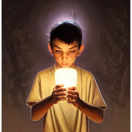 Prompt: shadowy figure of a small boy with branches on his head, wearing an old tunic, holding a lamp. modern, realistic, looking at the camera, enjoying life!!! elegant, highly detailed, digital painting, artstation, concept art, matte, sharp focus, illustration, art by artgerm and greg rutkowski and alphonse mucha