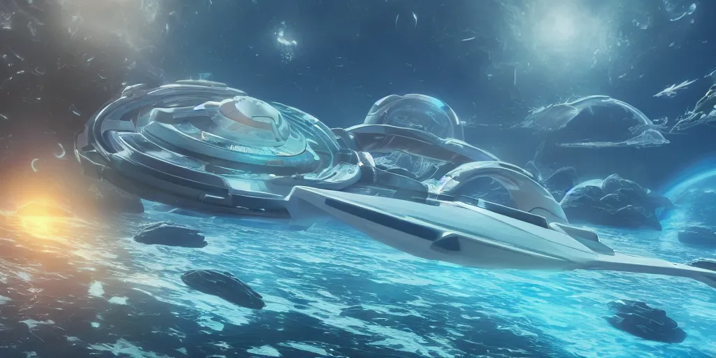 Prompt: lots of futuristic housecrafts floating on a beautiful ocean, low angle view, fusion of subnautica and star trek, by noriyoshi ohrai, soft natural volumetric lighting, beautifully detailed 4 k octane render, 4 k post processing