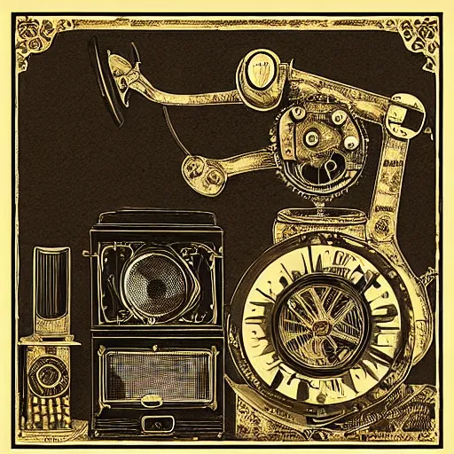 Prompt: “Old steampunk gramophone with antique loudspeakers and lots of wires. Dark, intricate, highly detailed, smooth, 18th century poster in style of Geiger”