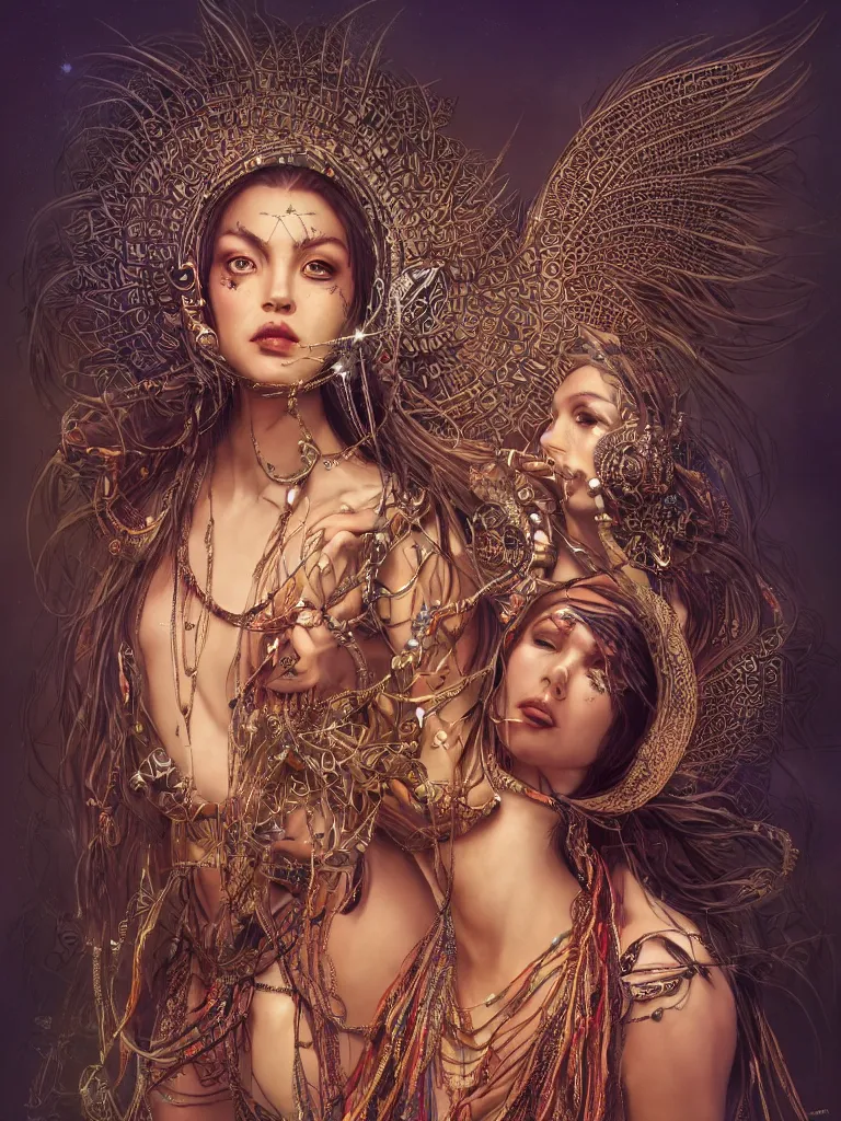 Image similar to a centered render of a single alluring mystical tribal goddess adorned with feathers and gemstones and cables and synthesizer parts is surrounded by sacred geometry made from elven architecture, full body, gorgeous, perfect face, powerful, cinematic, beautifully lit, by artgerm, by karol bak, 3 d, trending on artstation, octane render, 8 k