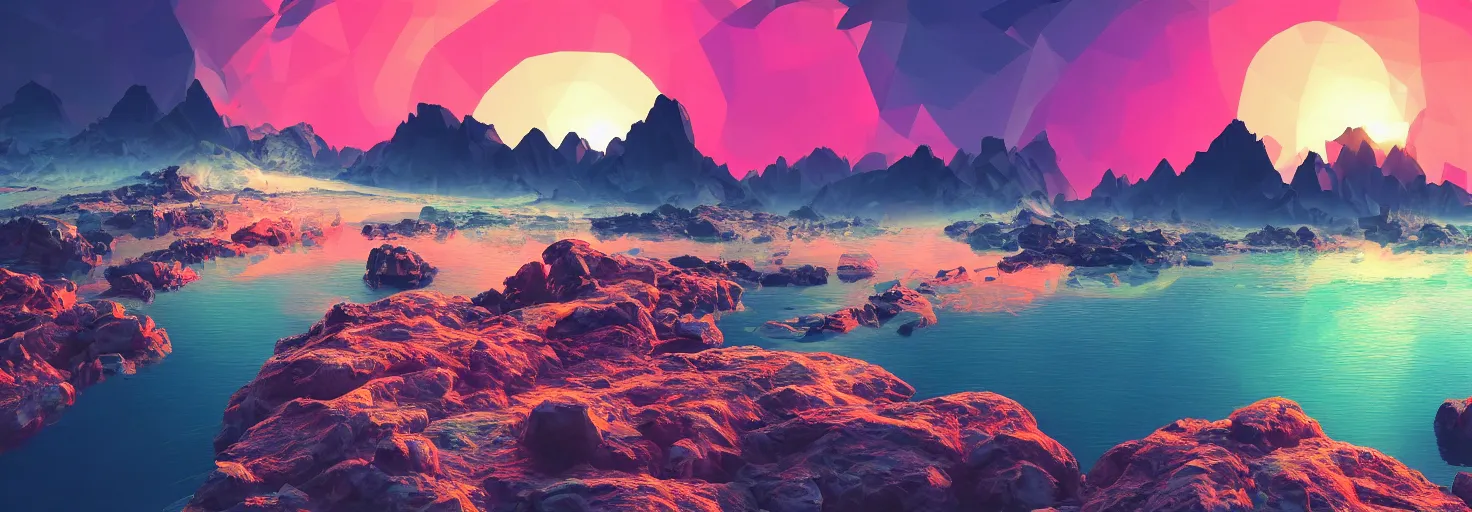 Image similar to super detailed color art, a sinthwave northern sunset with rocks on front, lake in the middle of perspective and mountains at background, unreal engine, retrowave color palette, 3d render, lowpoly, colorful, digital art