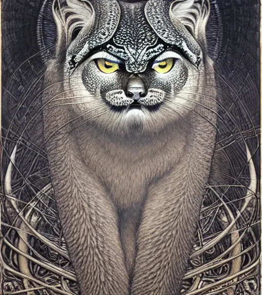 Image similar to detailed realistic beautiful manul portrait by jean delville, gustave dore, iris van herpen and marco mazzoni, art forms of nature by ernst haeckel, art nouveau, symbolist, visionary, gothic, neo - gothic, pre - raphaelite, fractal lace, intricate alien botanicals, ai biodiversity, surreality, hyperdetailed ultrasharp octane render