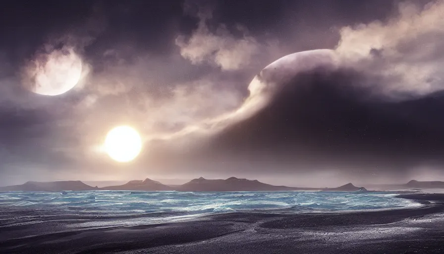 Image similar to solar eclipse in iceland, black sand, dramatic clouds, jessica rossier, art station