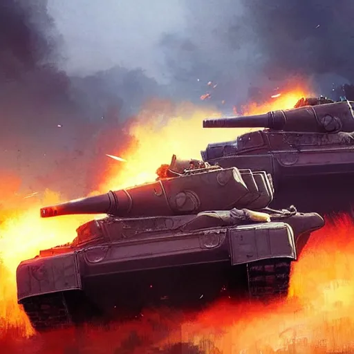 Image similar to Russian tanks are charging fire by Greg Rutkowski