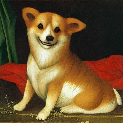 Image similar to very sad crying corgi sitting behind laptop on bed among the greenery, oil painting by Leonardo Da Vinci