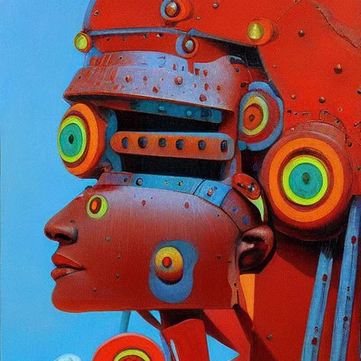 Image similar to portrait of a colourful african tribal mecha robot, painting by zdzislaw beksinski,