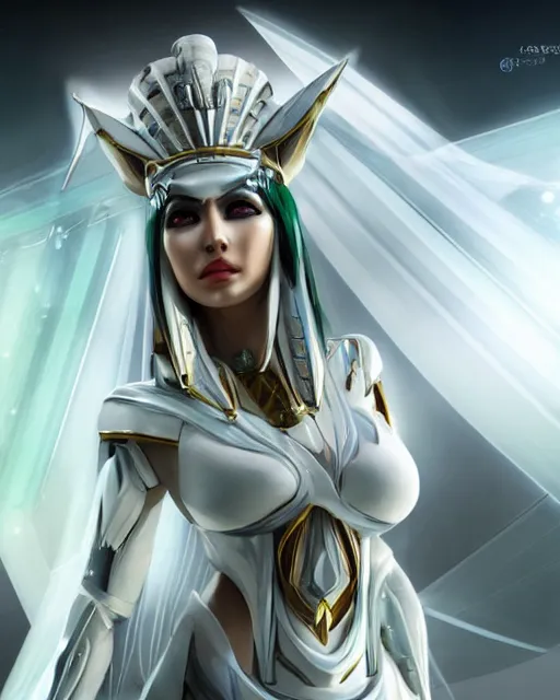 Image similar to perfect white haired attractive egyptian goddess, warframe armor, pharaoh headdress, beautiful, symmetric, dreamy, half asian, pretty face, green eyes, charlize theron, detailed, scifi platform, laboratory, experiment, 4 k, ultra realistic, epic lighting, android body, illuminated, cinematic, masterpiece, art by akihito tsukushi, voidstar