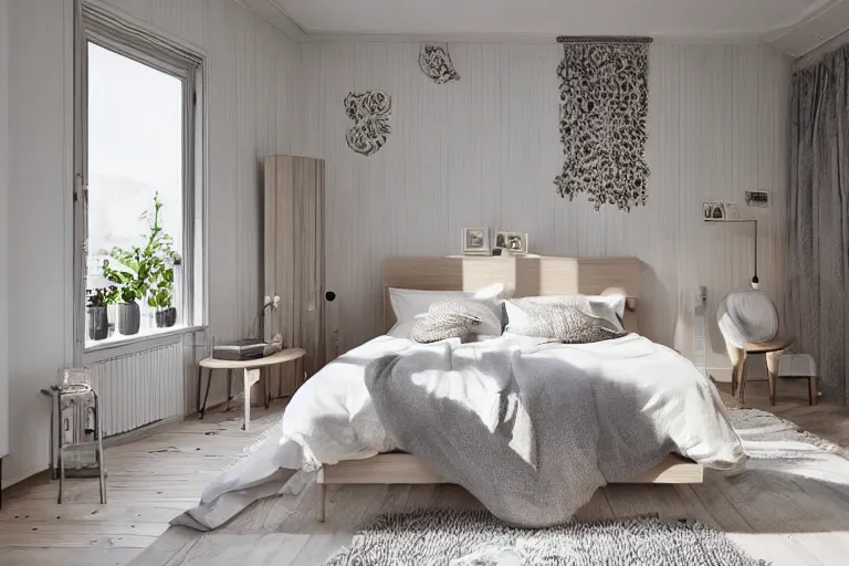 Image similar to A sunny bedroom, exquisite decoration, all Nordic style furniture, high tech