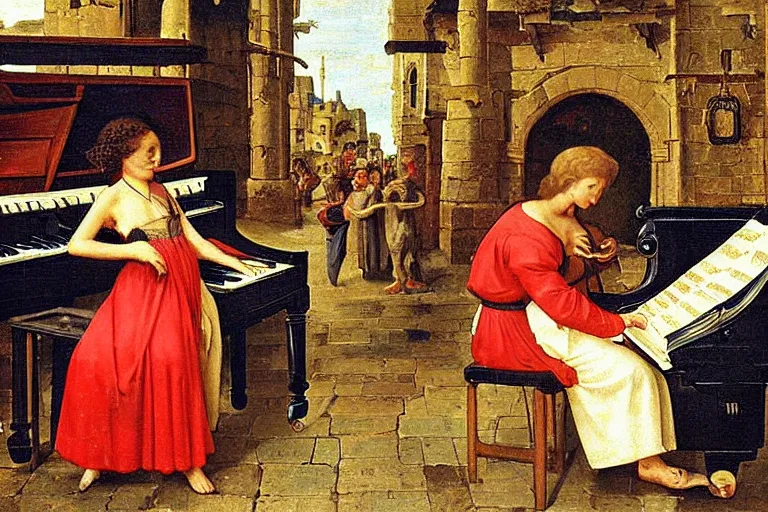 Prompt: a recorder player and a grand piano player on the marketplace, medieval time, masterpiece