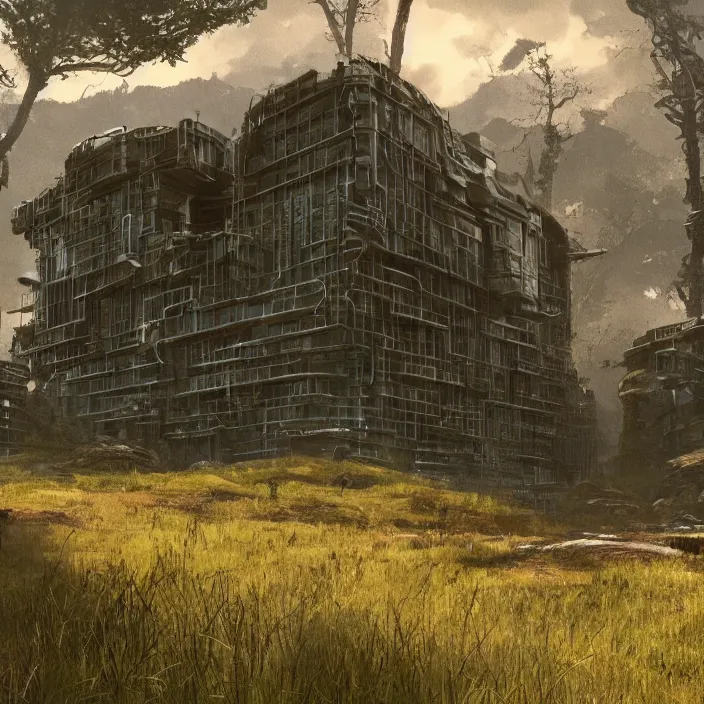 Image similar to a building in a serene landscape, biopunk