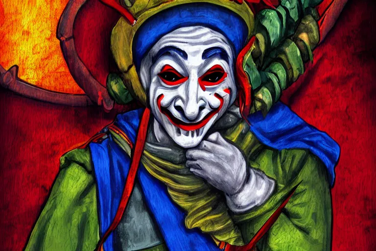 Image similar to medieval jester, colorful, sinister, digital art, painting, portrait,