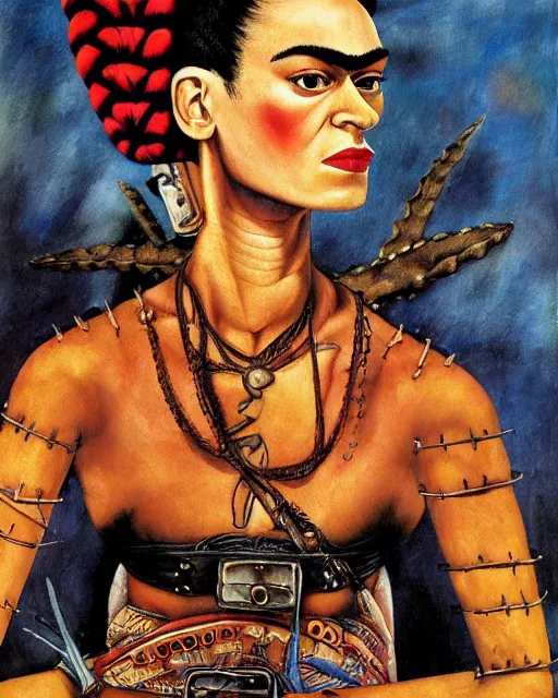 Image similar to portrait of a skinny punk frida kahlo wearing armor by simon bisley, john blance, frank frazetta, fantasy, thief warrior