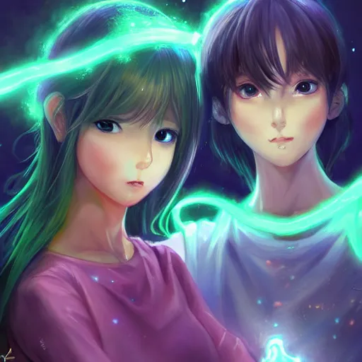 Image similar to A realistic anime painting of two beautiful cosmic girls with glowing green eyes and cosmic skin wearing dresses made out of the galaxy. digital painting. by Stanley Artgerm Lau, Sakimichan. WLOP. Makoto Shinkai. Rossdraws. Pixivs. digital render. trending on Pixiv. SFW version —H 1024