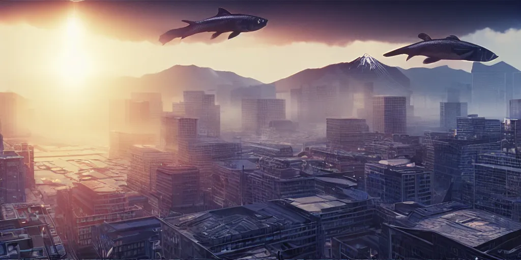 Prompt: spectacular epic shot film still by spielberg. massive giant japanese fishes flying over a new city building, windows and sun reflection, id magazine, hyperrealism, detailed textures, photorealistic, 3 d city, ultra realistic, cinematic, intricate, cinematic light, unreal engine 8 k, octane render, unreal engine, david kostic, artgerm