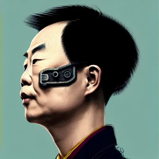 Prompt: portrait of a chinese man :: side profile :: oxygen mask :: clockwork implant :: intricate details :: 8k :: by vikings and Sandra Chevrier