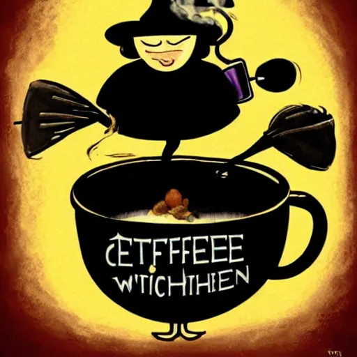 Image similar to an adorable kitchen witch brewing coffee in a cauldron, bokeh swirling steam, children's book illustration by Tony DiTerlizzi