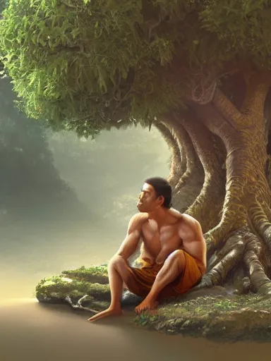 Image similar to a grumphy man, legs and arms crossed, sitting under a bodhi tree. intricate, elegant, highly detailed, digital painting, artstation, concept art, sharp focus, illustration, by justin gerard and artgerm, 8 k