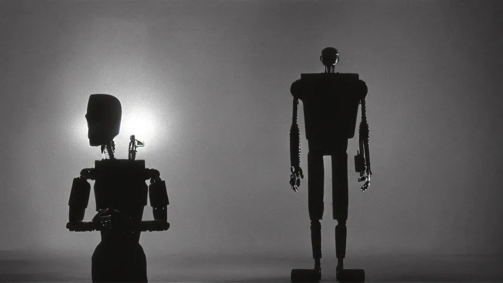 Image similar to The man with robot head, movie still, cinematic composition, cinematic light, by David Lynch