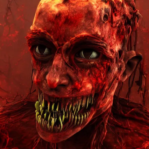 Prompt: decomposing human face with red bleeding eyes and possed by satan and maggots in mouth, lovecratian horror, hp lovecraft, eldricht abominations, demonic, hell, burning, suffering, depressing image, unreal engine, artstation hd