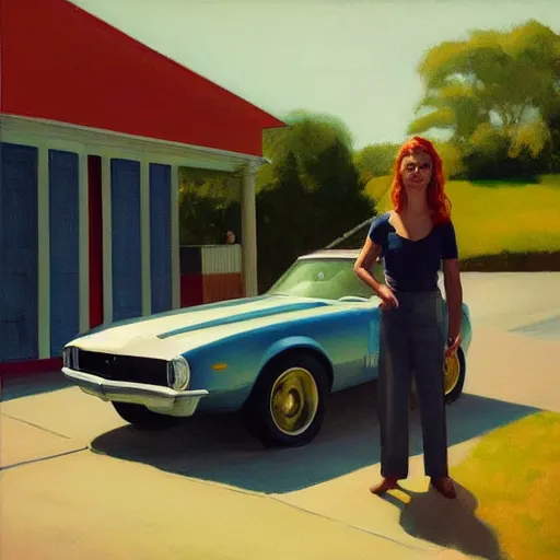Image similar to Candid portrait, car in the background, dated a woman that lived on Cooterneck Road, She had a Catfish Camero and was cooler than me, by Edward Hopper, Bo Bartlett, and Cynthia Sheppard, Artstation