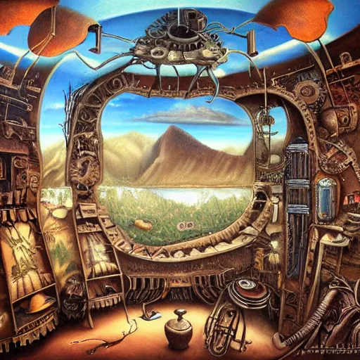 Image similar to surrealist landscape, inside steampunk ant citya, painting, highly detailed