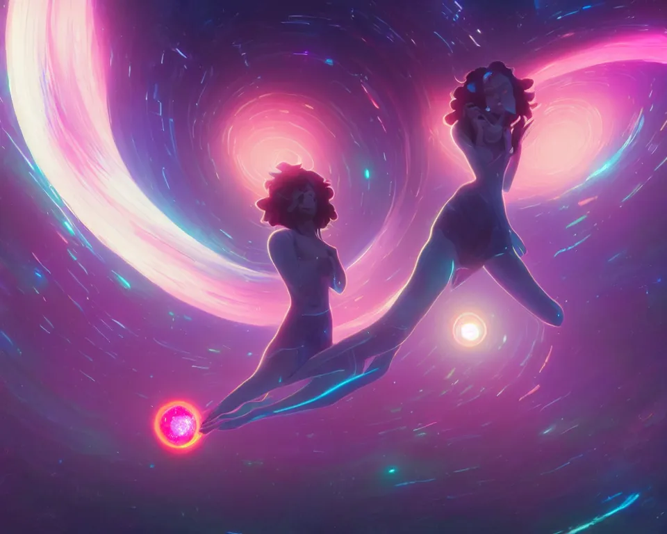 Image similar to beautiful whimsical women standing under a multi-colored binary blackhole with an accretion disc, casting magic, glowing trails following her arms, wearing professional makeup, by Lois van Baarle, by Greg Rutkowski, by artgerm, by beeple, by studio ghibli, cinematic angle, volumetric lighting, 4k resolution, octane render, trending on artstation, masterpiece